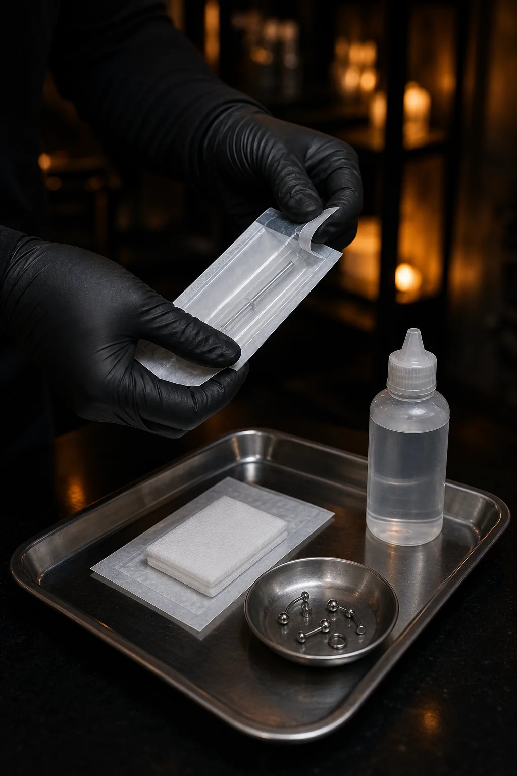 Chill Ink piercer opening a sterile single-use facial piercing needle beside titanium starter jewelry