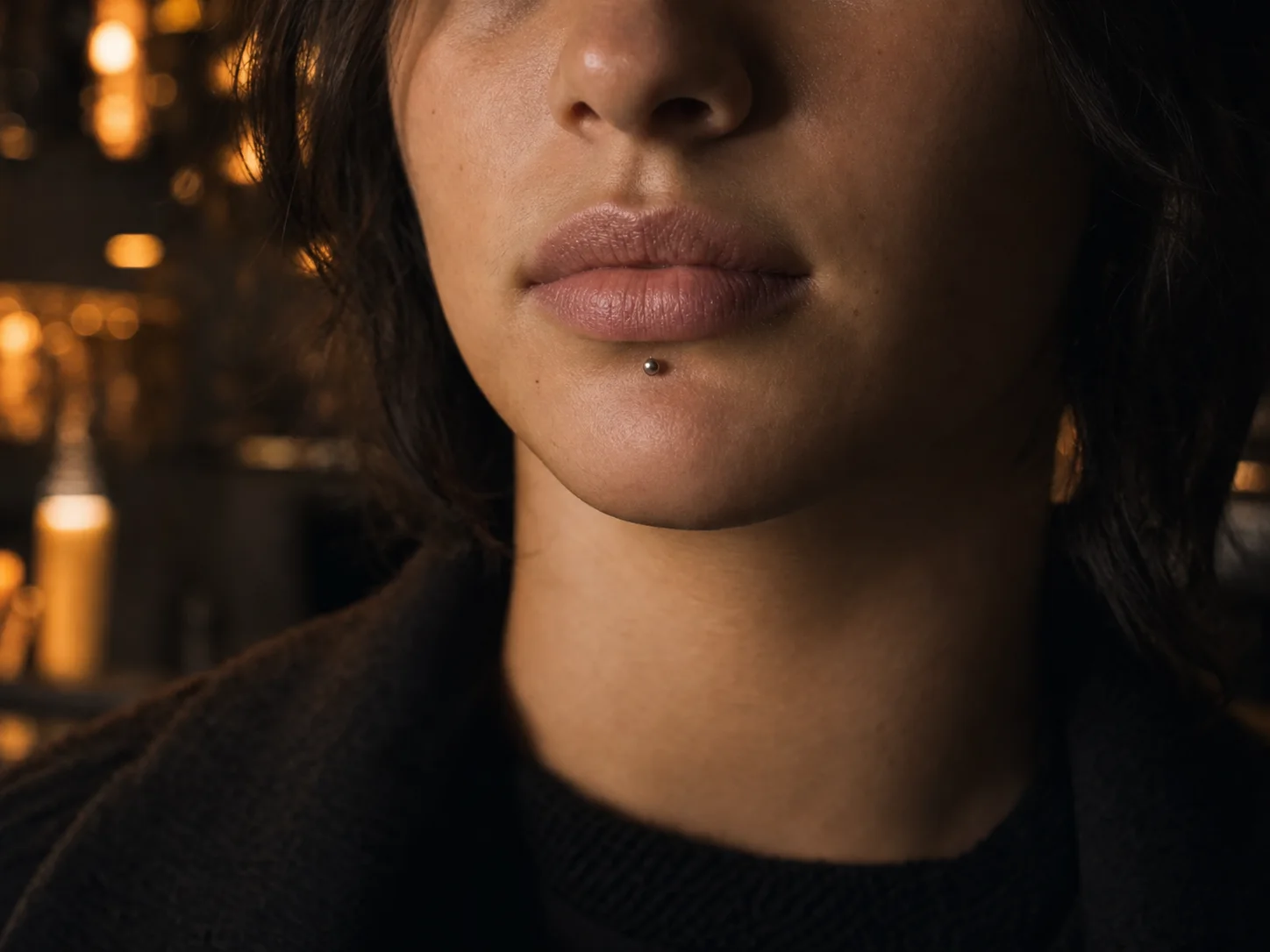 Centered labret — original facial piercing jewelry direction photographed for Chill Ink