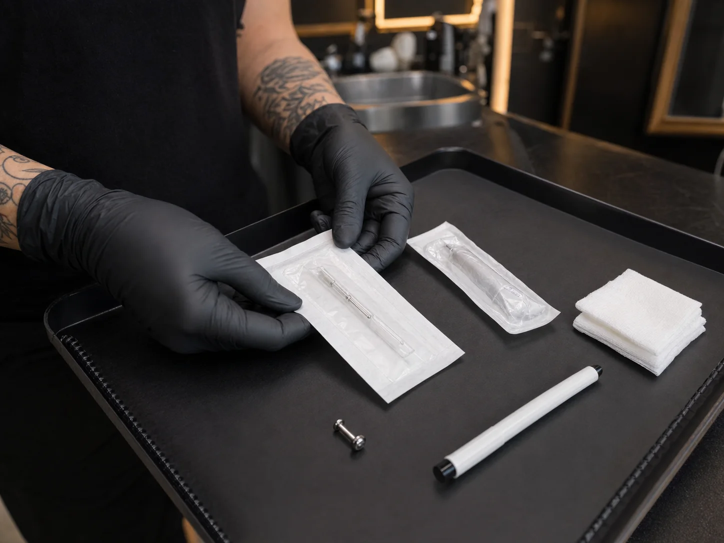 Chill Ink piercer preparing sealed sterile single-use piercing equipment and titanium jewelry