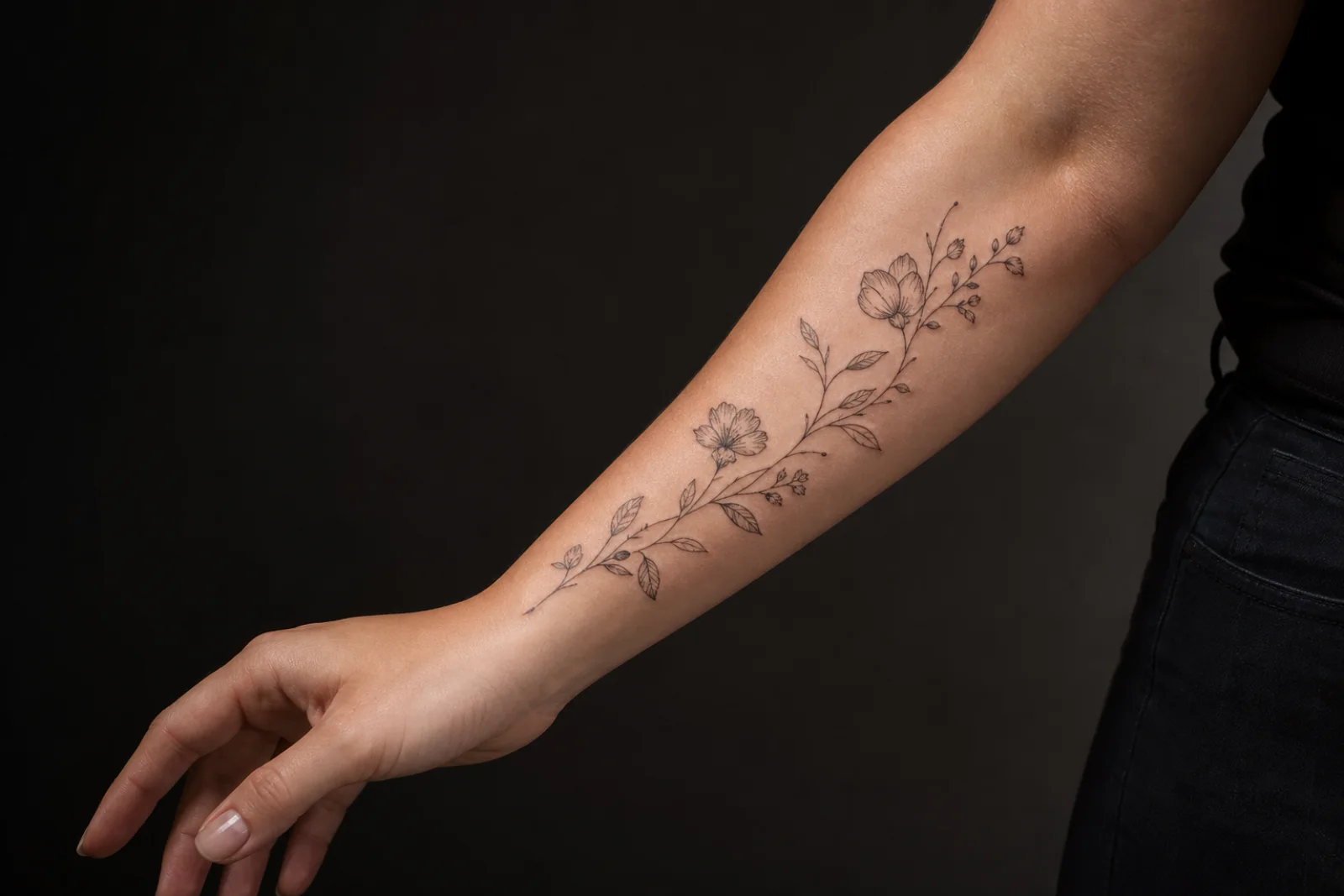 Healed botanical fine line tattoo photographed for Chill Ink's editorial portfolio